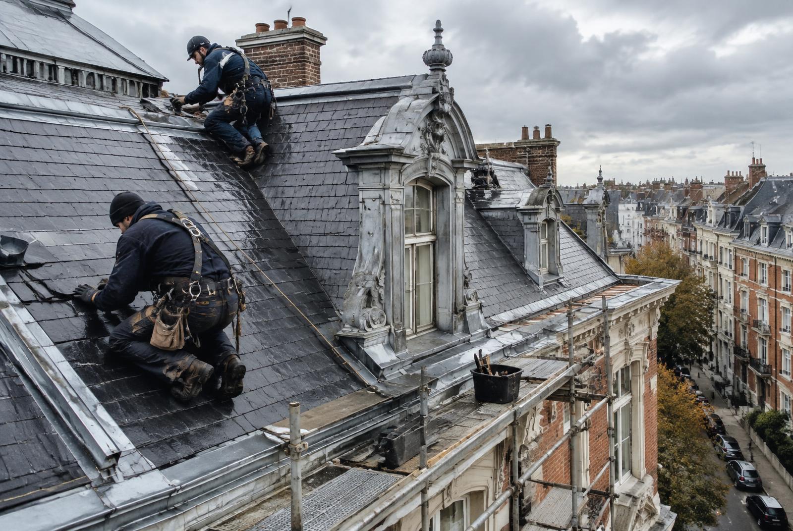 Couvreurs sur une toiture en ardoise et zinc à Ixelles